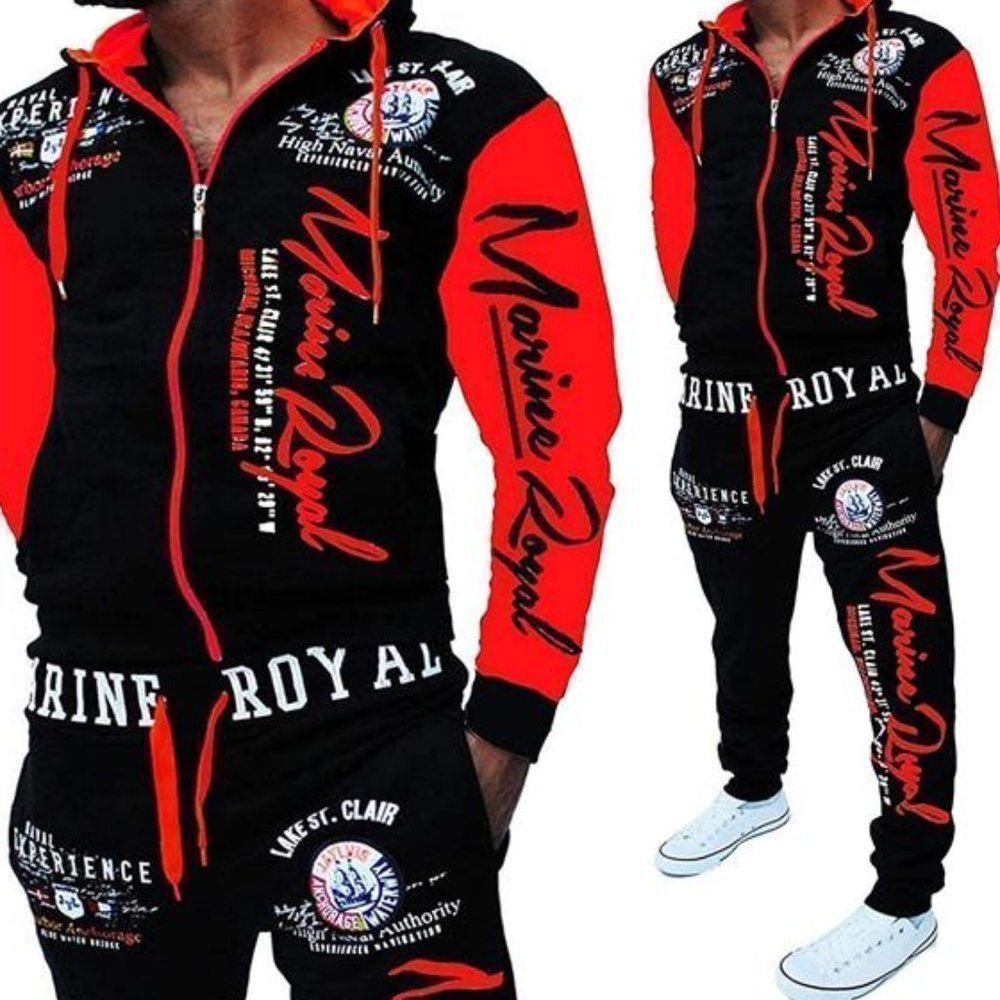 Men 's Red/Black Tracksuit Hooded Sweatsuit